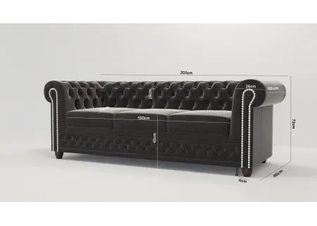 Cleo - Chesterfield 3 sitzer Sofa mit Schlaffunktion aus Samt-Stoff mit Holzfüßen