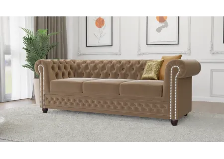 Cleo - Chesterfield 3 sitzer Sofa mit Schlaffunktion aus Samt-Stoff mit Holzfüßen