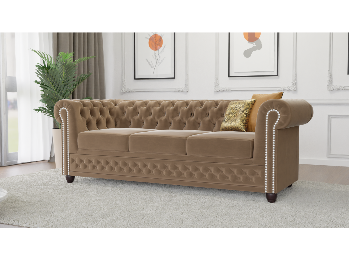 Cleo - Chesterfield 3 sitzer Sofa mit Schlaffunktion aus Samt-Stoff mit Holzfüßen