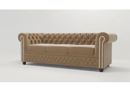 Cleo - Chesterfield 3 sitzer Sofa mit Schlaffunktion aus Samt-Stoff mit Holzfüßen