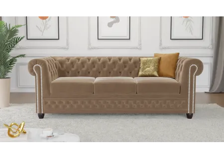 Cleo - Chesterfield 3 sitzer Sofa mit Schlaffunktion aus Samt-Stoff mit Holzfüßen