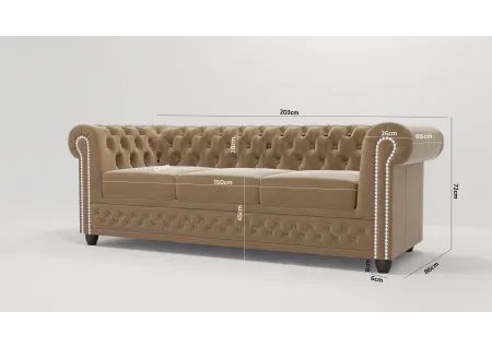 Cleo - Chesterfield 3 sitzer Sofa mit Schlaffunktion aus Samt-Stoff mit Holzfüßen