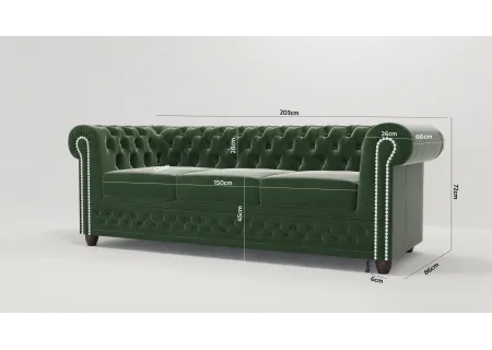 Cleo - Chesterfield 3 sitzer Sofa aus Samt-Stoff mit Holzfüßen