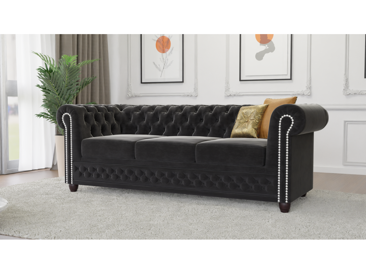 Cleo - Chesterfield 3 sitzer Sofa aus Samt-Stoff mit Holzfüßen