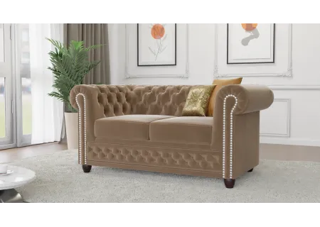 Cleo - Chesterfield 2 sitzer Sofa mit Schlaffunktion aus Samt-Stoff mit Holzfüßen