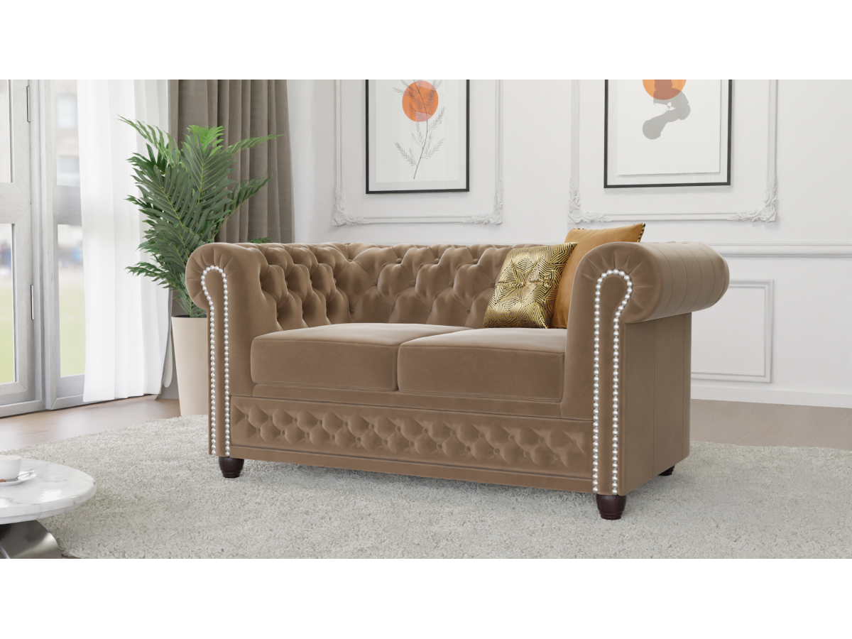 Cleo - Chesterfield 2 sitzer Sofa mit Schlaffunktion aus Samt-Stoff mit Holzfüßen