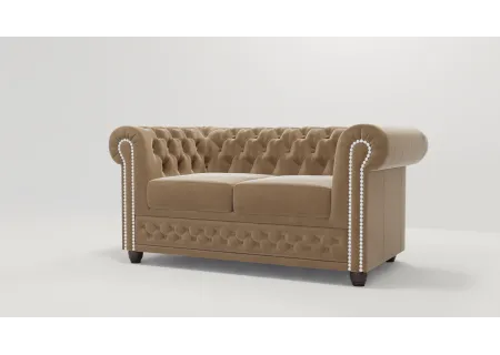 Cleo - Chesterfield 2 sitzer Sofa mit Schlaffunktion aus Samt-Stoff mit Holzfüßen