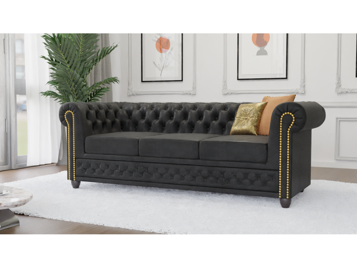 Wilhelm - Chesterfield 3 sitzer Sofa mit Schlaffunktion aus Vintage Optik Microfaser mit Holzfüßen