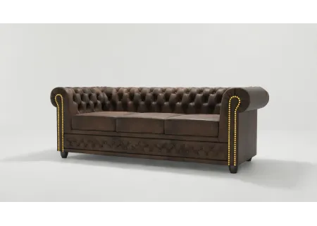 Wilhelm - Chesterfield 3 sitzer Sofa mit Schlaffunktion aus Vintage Optik Microfaser mit Holzfüßen