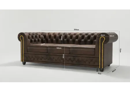 Wilhelm - Chesterfield 3 sitzer Sofa mit Schlaffunktion aus Vintage Optik Microfaser mit Holzfüßen