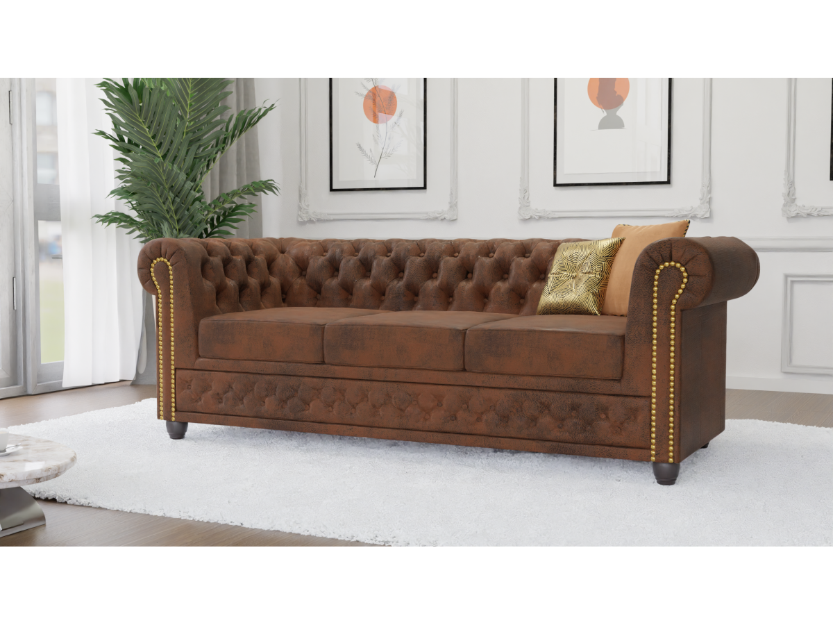 Wilhelm - Chesterfield 3 sitzer Sofa mit Schlaffunktion aus Vintage Optik Microfaser mit Holzfüßen