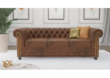 Wilhelm - Chesterfield 3 sitzer Sofa mit Schlaffunktion aus Vintage Optik Microfaser mit Holzfüßen