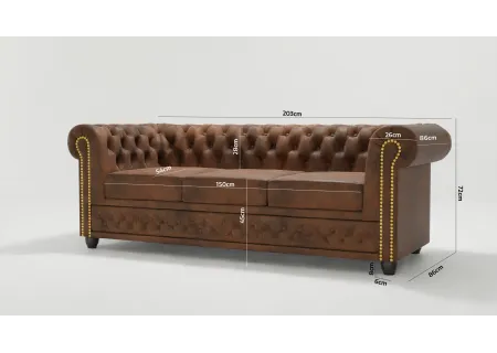 Wilhelm - Chesterfield 3 sitzer Sofa mit Schlaffunktion aus Vintage Optik Microfaser mit Holzfüßen