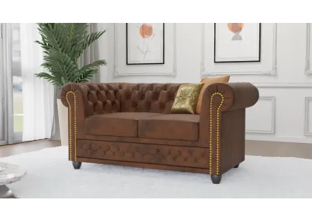 Wilhelm - Chesterfield 2 sitzer Sofa mit Schlaffunktion aus Vintage Optik Microfaser mit Holzfüßen