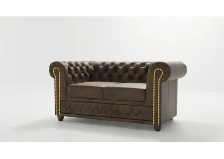 Wilhelm - Chesterfield 2 sitzer Sofa mit Schlaffunktion aus Vintage Optik Microfaser mit Holzfüßen