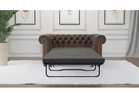 Wilhelm - Chesterfield 2 sitzer Sofa mit Schlaffunktion aus Vintage Optik Microfaser mit Holzfüßen