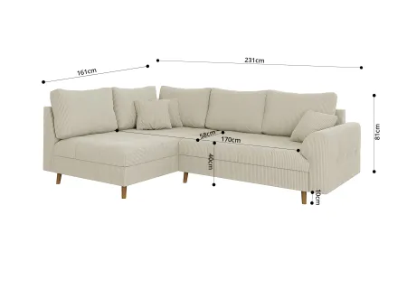 Maya - Ecksofa mit Schlaffunktion und Hocker mit Braun Holzfüßen im skandinavischen Stil aus Cord-Stoff