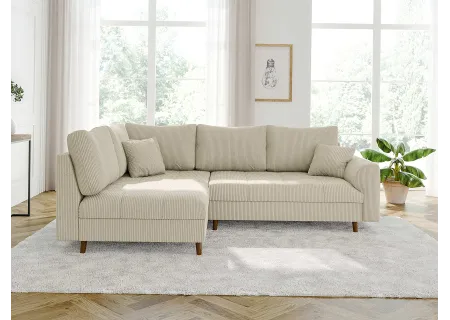 Maya - Ecksofa mit Schlaffunktion und Hocker mit Braun Holzfüßen im skandinavischen Stil aus Cord-Stoff