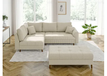 Maya - Ecksofa mit Schlaffunktion und Hocker mit Braun Holzfüßen im skandinavischen Stil aus Cord-Stoff