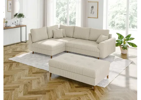 Maya - Ecksofa mit Schlaffunktion und Hocker mit Braun Holzfüßen im skandinavischen Stil aus Cord-Stoff