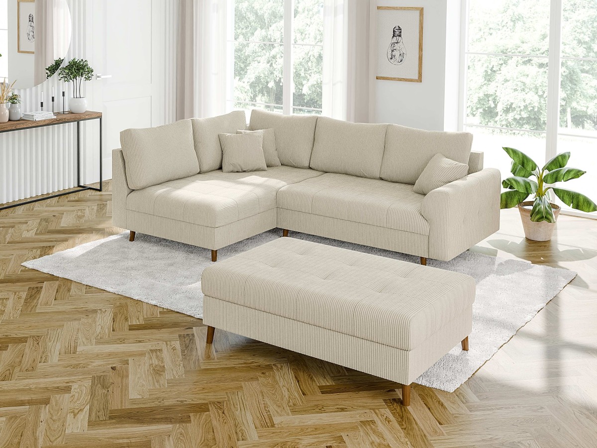 Maya - Ecksofa mit Schlaffunktion und Hocker mit Braun Holzfüßen im skandinavischen Stil aus Cord-Stoff