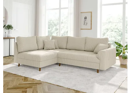 Maya - Ecksofa mit Schlaffunktion und Hocker mit Braun Holzfüßen im skandinavischen Stil aus Cord-Stoff