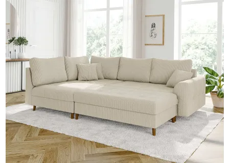 Maya - Ecksofa mit Schlaffunktion und Hocker mit Braun Holzfüßen im skandinavischen Stil aus Cord-Stoff