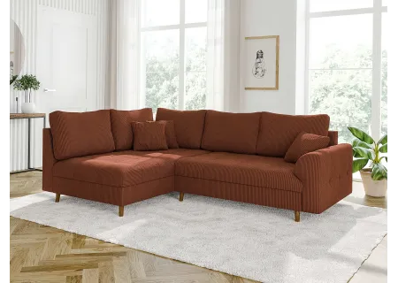 Maya - Ecksofa mit Schlaffunktion und Hocker mit Braun Holzfüßen im skandinavischen Stil aus Cord-Stoff