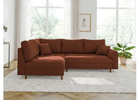 Maya - Ecksofa mit Schlaffunktion und Hocker mit Braun Holzfüßen im skandinavischen Stil aus Cord-Stoff