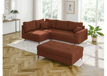 Maya - Ecksofa mit Schlaffunktion und Hocker mit Braun Holzfüßen im skandinavischen Stil aus Cord-Stoff