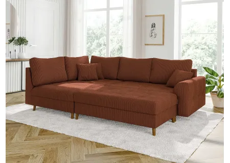 Maya - Ecksofa mit Schlaffunktion und Hocker mit Braun Holzfüßen im skandinavischen Stil aus Cord-Stoff