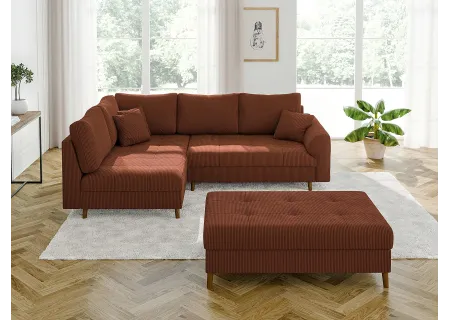 Maya - Ecksofa mit Schlaffunktion und Hocker mit Braun Holzfüßen im skandinavischen Stil aus Cord-Stoff