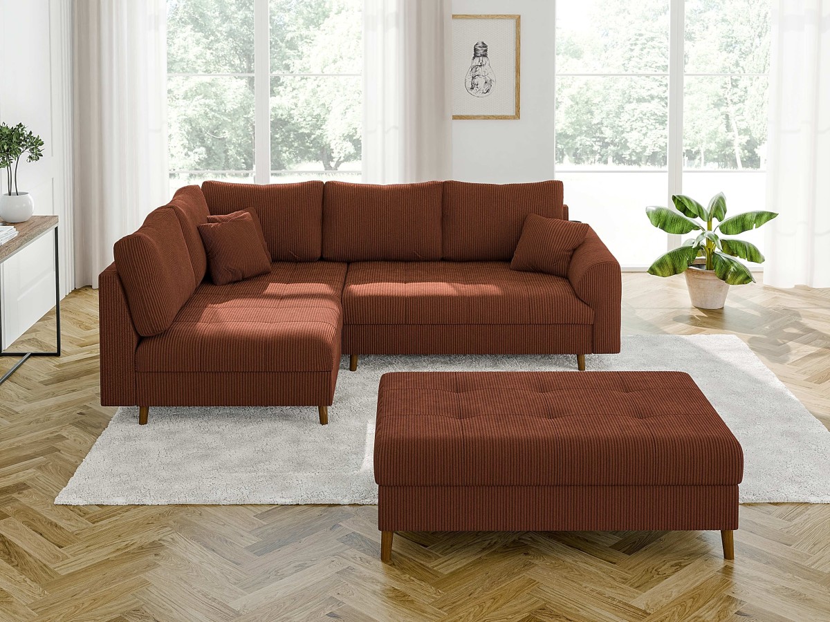 Maya - Ecksofa mit Schlaffunktion und Hocker mit Braun Holzfüßen im skandinavischen Stil aus Cord-Stoff