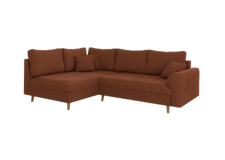 Maya - Ecksofa mit Schlaffunktion und Hocker mit Braun Holzfüßen im skandinavischen Stil aus Cord-Stoff