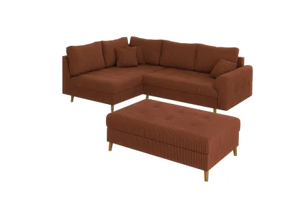 Maya - Ecksofa mit Schlaffunktion und Hocker mit Braun Holzfüßen im skandinavischen Stil aus Cord-Stoff