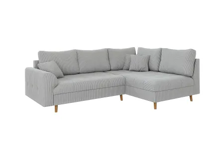 Maya - Ecksofa mit Schlaffunktion und Hocker mit Braun Holzfüßen im skandinavischen Stil aus Cord-Stoff