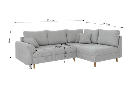 Maya - Ecksofa mit Schlaffunktion und Hocker mit Braun Holzfüßen im skandinavischen Stil aus Cord-Stoff