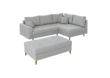 Maya - Ecksofa mit Schlaffunktion und Hocker mit Braun Holzfüßen im skandinavischen Stil aus Cord-Stoff