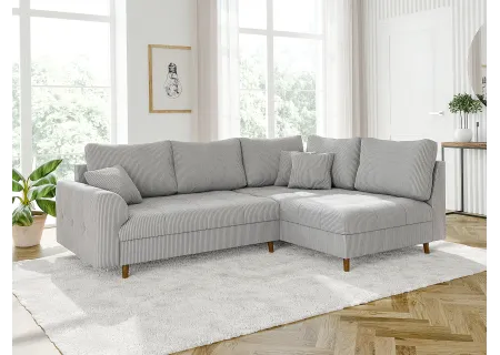 Maya - Ecksofa mit Schlaffunktion und Hocker mit Braun Holzfüßen im skandinavischen Stil aus Cord-Stoff