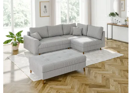 Maya - Ecksofa mit Schlaffunktion und Hocker mit Braun Holzfüßen im skandinavischen Stil aus Cord-Stoff