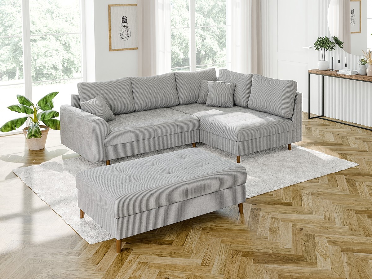 Maya - Ecksofa mit Schlaffunktion und Hocker mit Braun Holzfüßen im skandinavischen Stil aus Cord-Stoff