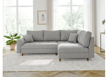 Maya - Ecksofa mit Schlaffunktion und Hocker mit Braun Holzfüßen im skandinavischen Stil aus Cord-Stoff