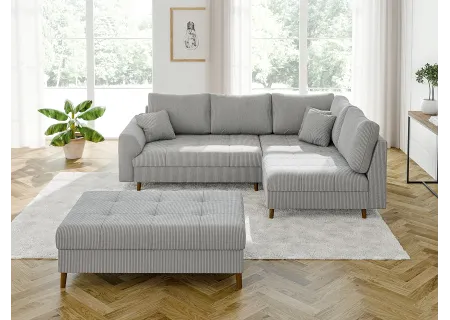 Maya - Ecksofa mit Schlaffunktion und Hocker mit Braun Holzfüßen im skandinavischen Stil aus Cord-Stoff