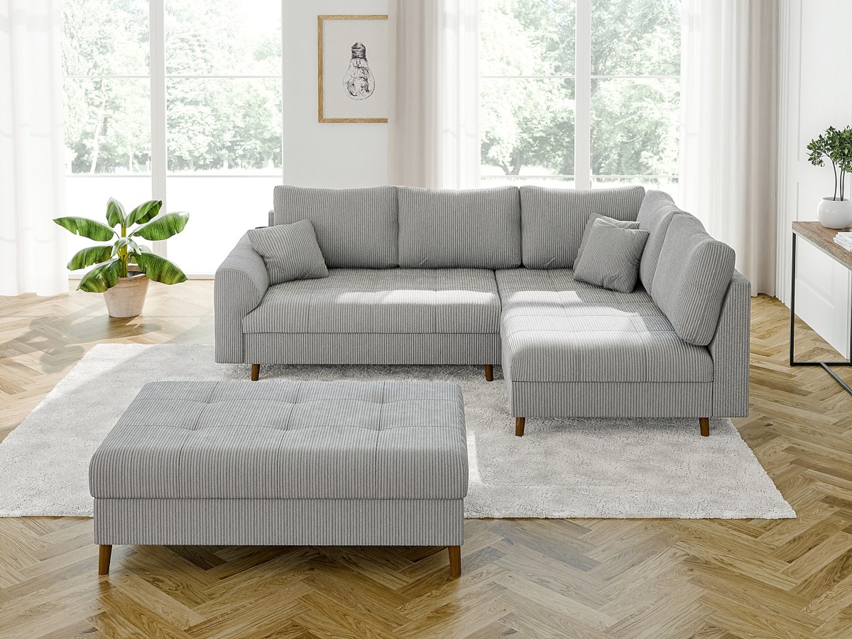 Maya - Ecksofa mit Schlaffunktion und Hocker mit Braun Holzfüßen im skandinavischen Stil aus Cord-Stoff