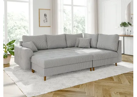 Maya - Ecksofa mit Schlaffunktion und Hocker mit Braun Holzfüßen im skandinavischen Stil aus Cord-Stoff