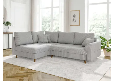 Maya - Ecksofa mit Schlaffunktion und Hocker mit Braun Holzfüßen im skandinavischen Stil aus Cord-Stoff