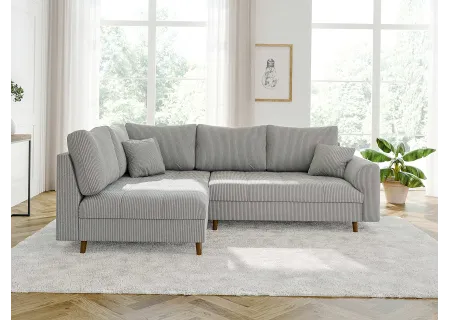 Maya - Ecksofa mit Schlaffunktion und Hocker mit Braun Holzfüßen im skandinavischen Stil aus Cord-Stoff