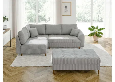 Maya - Ecksofa mit Schlaffunktion und Hocker mit Braun Holzfüßen im skandinavischen Stil aus Cord-Stoff