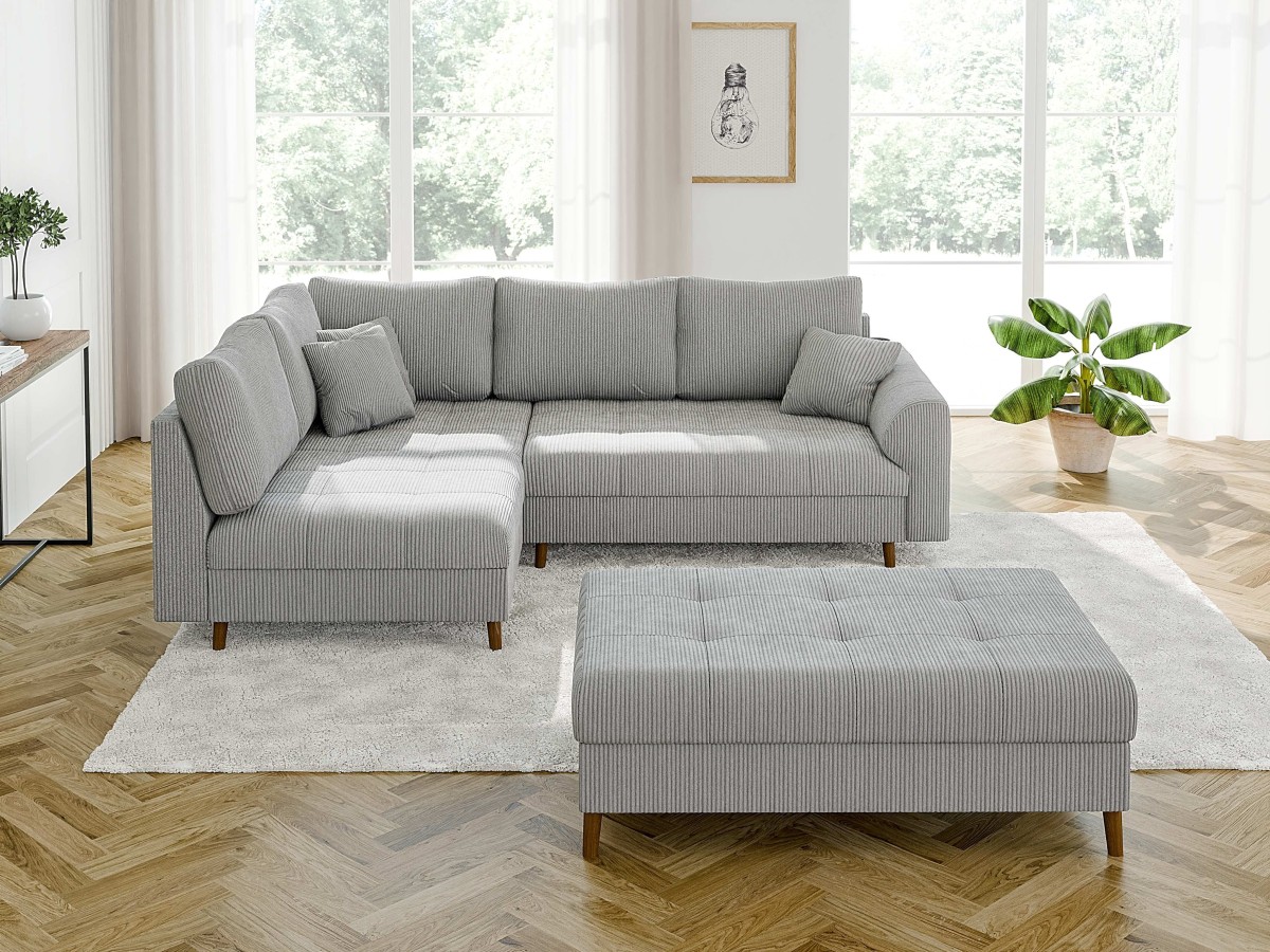 Maya - Ecksofa mit Schlaffunktion und Hocker mit Braun Holzfüßen im skandinavischen Stil aus Cord-Stoff