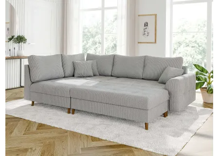 Maya - Ecksofa mit Schlaffunktion und Hocker mit Braun Holzfüßen im skandinavischen Stil aus Cord-Stoff